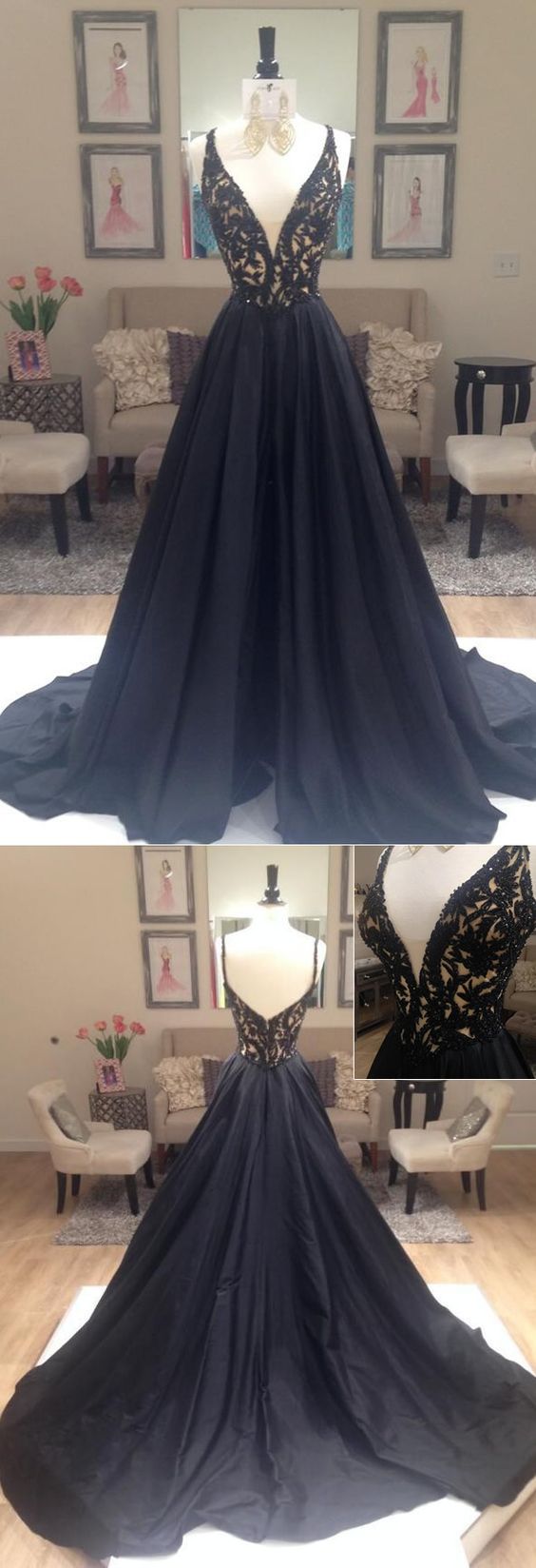 Sexy Prom Gowns,Black Prom Dress,Open Back Prom Dresses ,Long Spaghetti ...