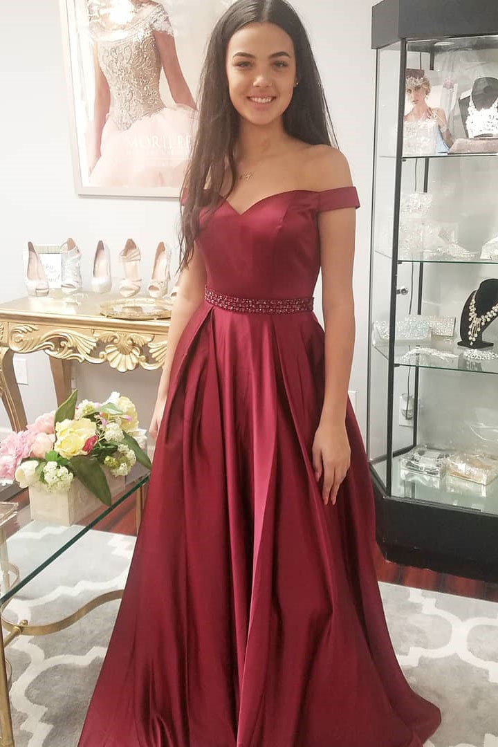 off the shoulder maroon prom dress