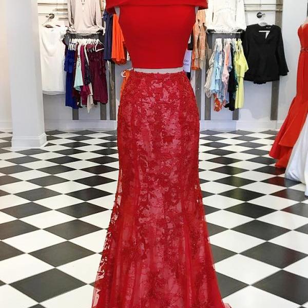 Red Mermaid Off The Shoulder Tulle Prom Dress Eveing Gown