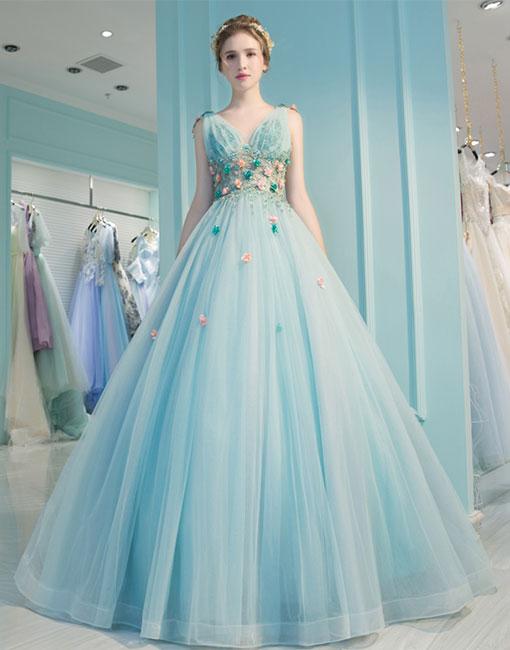 Blue V Neck Tulle Long Prom Dress, Blue Evening Dress on Luulla